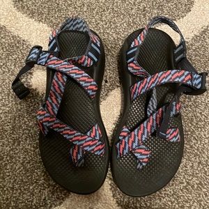 Blue and coral chaco sandals